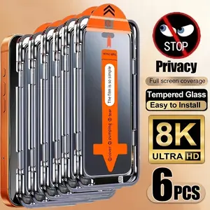6 pcs Oleophobic Coating Dust Free Easy Installation Privacy Screen Protector For iPhone 17 Pro Max/Air/16/17e/16e/15/14/13/12/11/Pro Max/Plus/X/XS/XS MAX/XR Series, 9H Hardness, Anti-Spy Tempered Glass, Fast & Easy Installation