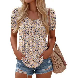 Women's Boho Puff Short-Sleeve Tunic Blouses - Pleated Crew Neck Floral Polyester Summer Tops, Dressy Casual Loose Shirts for Everyday Wear