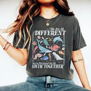 We Are All Different Swim Together Teacher T-Shirt, Inclusive Ocean Animals Tee, Back to School 2025 Shirt, Teacher Appreciation Tee