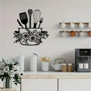 Metal Kitchen Wall Art Decor, Floral and Utensil Design, Horizontal Hanging Signboard, Thanksgiving Home Decoration, Kitchen Decor, Indoor Decoration, Modern Home Decor