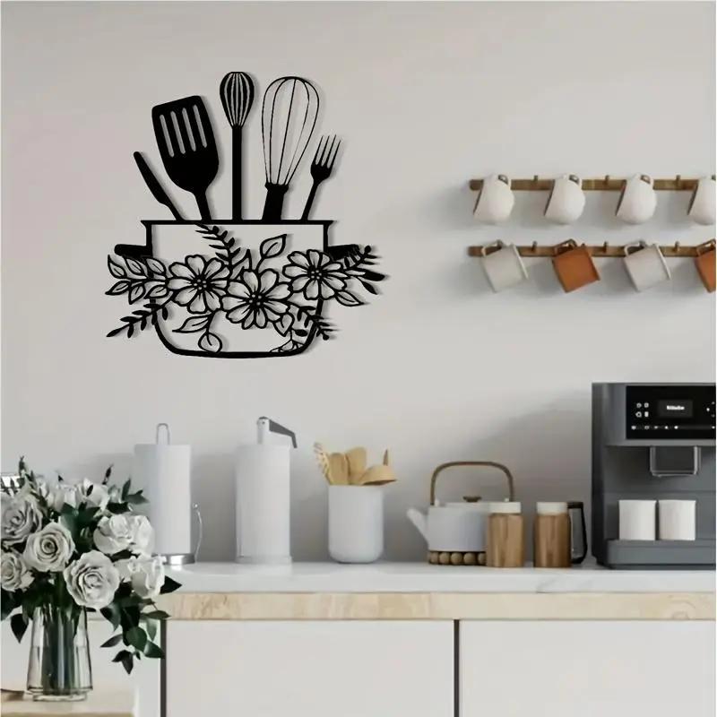 Metal Kitchen Wall Art Decor, Floral and Utensil Design, Horizontal Hanging Signboard, Thanksgiving Home Decoration, Kitchen Decor, Indoor Decoration, Modern Home Decor, Decorative Wall Art