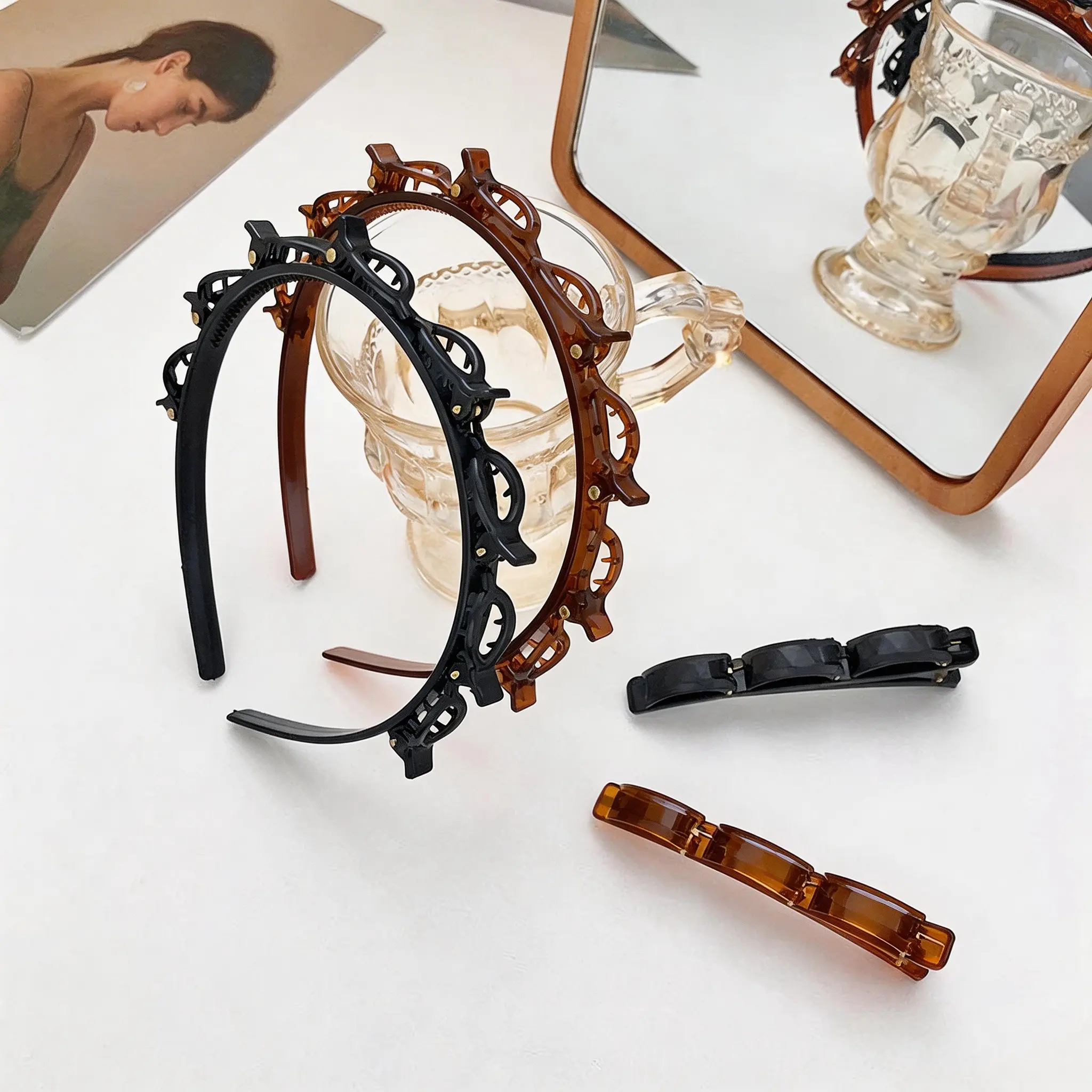 Lacholin Hair Accessories for Women, 2-Pack Minimalist Resin Headbands with Anti-Slip Clip for Braids Hairstyles, Cute Feminine Girly Gifts, Girly Feminine Items