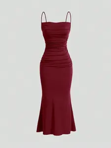 Women Fashion Solid Color Slim Long Cami Dress Casual Comfort