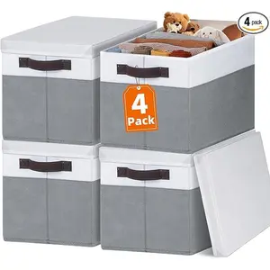 Large Closet Storage Baskets Bins with Lids 4 Pack, Storage Baskets for Organizing Shelves Nursery Bedroom, Home Dorm Closet Organizers Cubes for Clothes Toys Blanket Book - Stackable -14x10x9.5