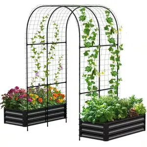 3 in 1 Raised Garden Bed W/ 87 In. H Arch Trellis for Climb Plant Metal Galvanized Planter Garden Box for Garden, Black