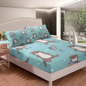 Cartoon Wild Animal Fish Luxury Fitted Sheet,Cute Otter Bed Sheet Set,Lovely Wildlife Style Room Decor Twin Size Bed Cover,Easy Care Comfy Bed Sets