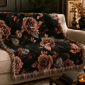 : Vintage Dark Rose Woven Blanket – Gothic Floral Throw Blanket – Cozy Cottagecore Home Decor – Moody Boho Couch Blanket