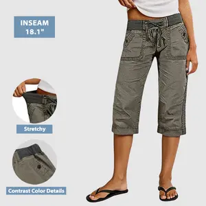 Flamingals Drawstring Button Decor High Waist Straight Leg Capri Pants Summer Vibes Stretchy 18.1 Inseam