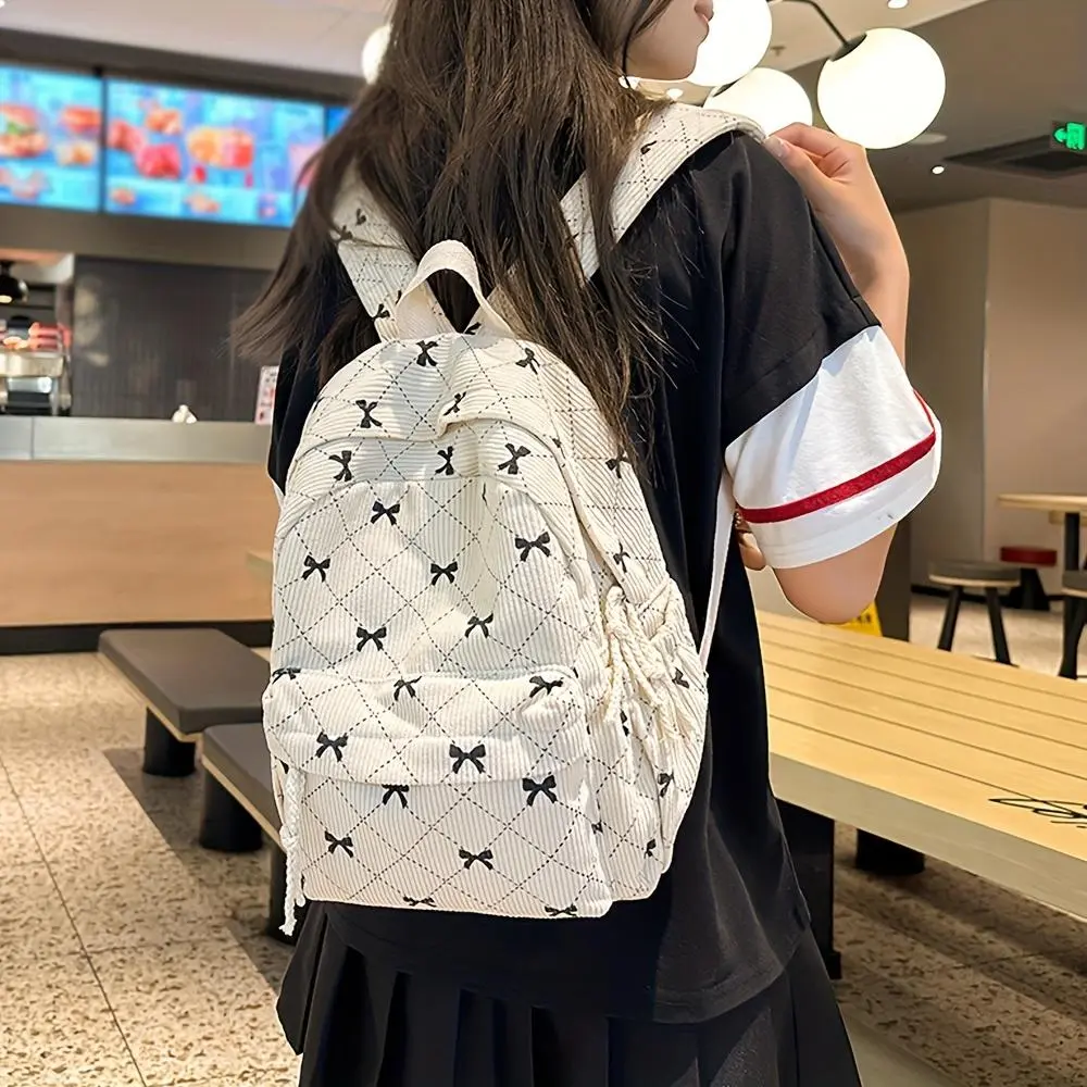 Kids' Corduroy Backpack with Bow Accent, Casual Lightweight Style with Adjustable Straps for School and Travel, Chic, Zip