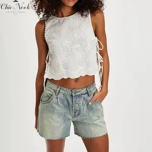 Women Summer Cropped Tank Tops Casual Tie up Side Floral Embroidery Sleeveless Shirt Basic Vest for Streetwear