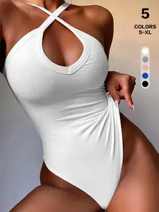 Women's Sexy Spandex Ribbed Knit Halter Neck Cutout Bodysuit - Sleeveless, Backless, Slim-Fitting Lady's Going-Out Summer Essential Shapewear,summerwins