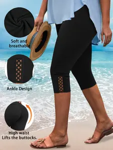 Women's Plus Size High Waist Tight-Fitting Pants, Seven-Quarter Leggings, Elastic Comfort Fit, Lace Trim, All Seasons Casual Style, Sizes Up to 5xl