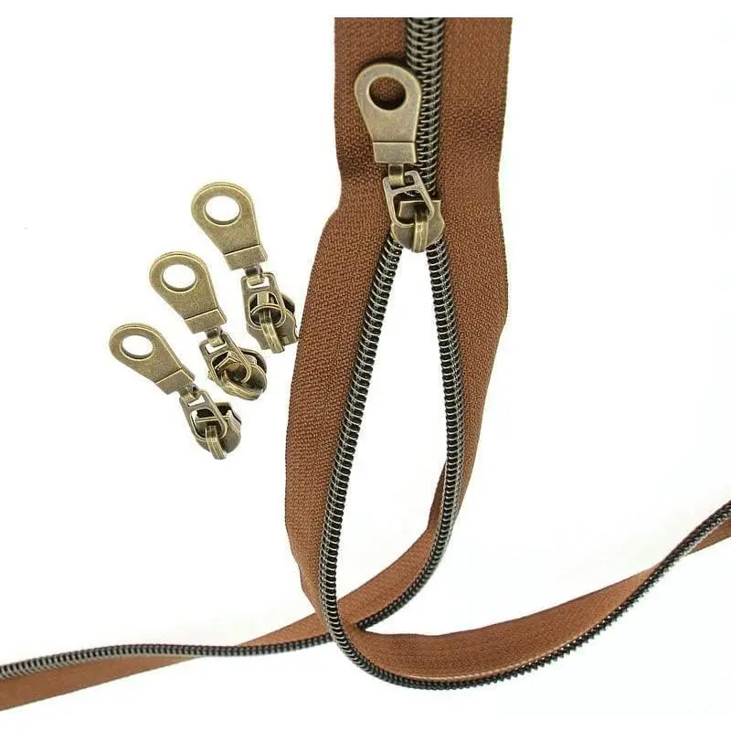 #5 Antique Brass Metallic Nylon Coil Zippers by The Yard Bulk Brown Zipper Tape 10 Yards with 25 count Pulls for DIY Sewing Craft Bags