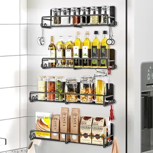 SUNALLY Magnetic Spice Rack for Refrigerator, 4 Pack Magnetic Fridge Shelf with Hooks, Spice Organizer Shelf for Kitchen Organization and Storage, Seasoning Organizer Gadgets for Metal Surface