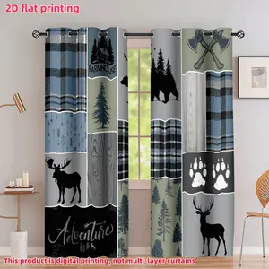 2D Flat 2Pcs Farmhouse Style Curtains, Rustic Cabin & Wildlife Print, Buffalo Plaid Patchwork Pattern, Semi Sunshade, Perforated Design for Home Living Room, Bedroom, Balcony Window Decor, Accessory, Anti Privacy.