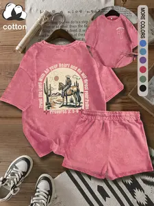 Western cowboy print women's suit retro Christian Jesus cotton casual Fitted T-shirt shorts two-piece suit, street Y2K casual round neck washed cotton suit casual outing, punk style women's clothing, Casual Matching Set