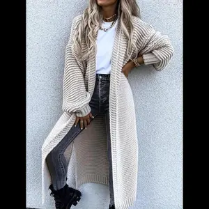 Women's Comfortable Solid Split Hem Bishop Sleeve Open Front Longline Cardigan Sweater for Fall, Casual Comfort Fashionable Style Longsleeves Knitwear Cardigan Knit Clothing Womenswear, Fall Outfits, Fallfreshness Tops Knitting Fitted Khaki