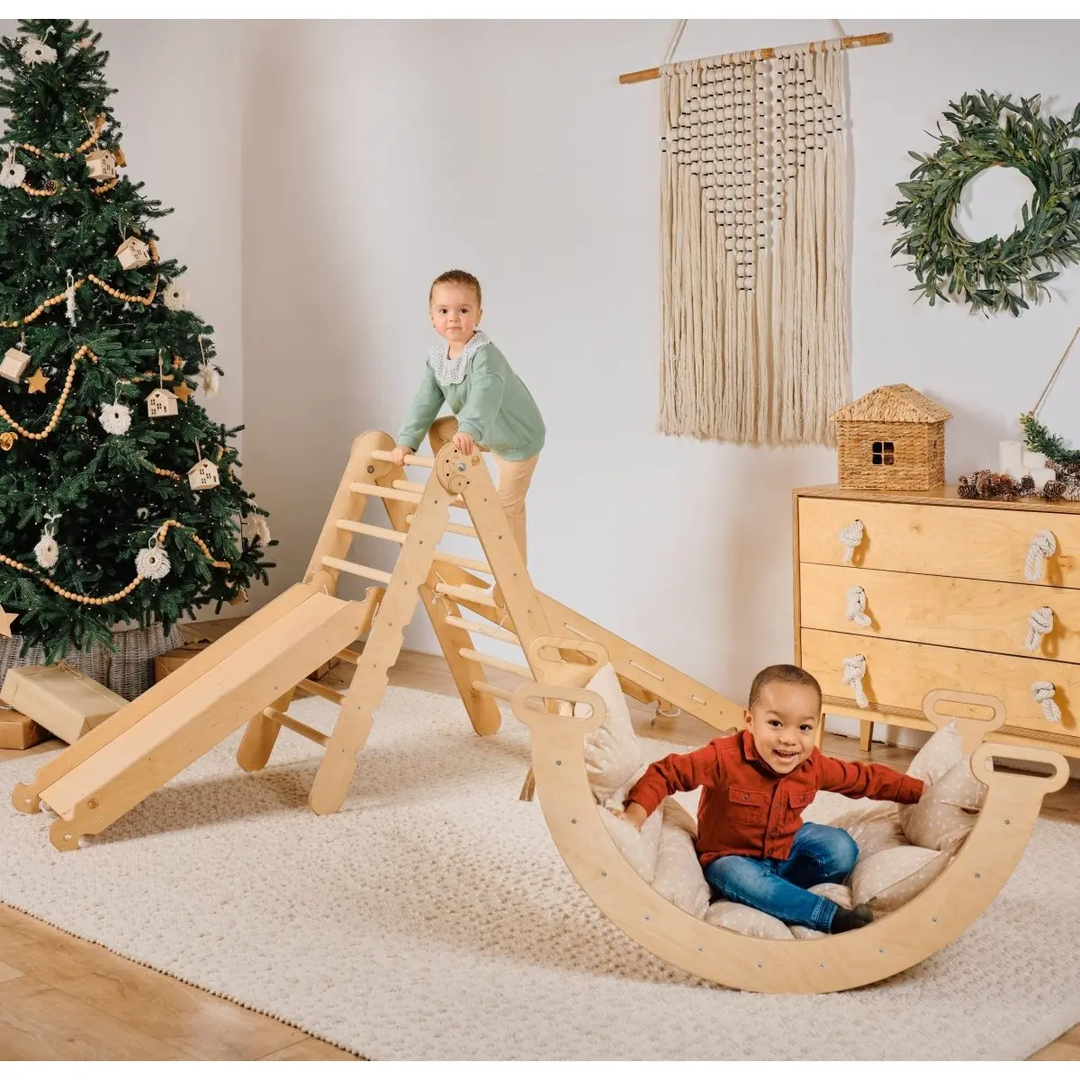 5in1 Montessori Climbing Set: Triangle Ladder + Arch/Rocker + Slide Board/Ramp + Netting rope + Cushion