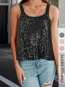 New Summer Women's Solid Sequined Sleeveless Fitted Top, Elegant Arc Neckline, Fashionable Commuter Wear, Versatile High-End Style, Unique Design