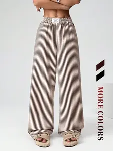 Women's Striped Bubble Fabric Casual Straight Leg Wide Leg Pants, All Seasons Versatile Slimming Trousers, Loose-Fitting Fashion Joggers