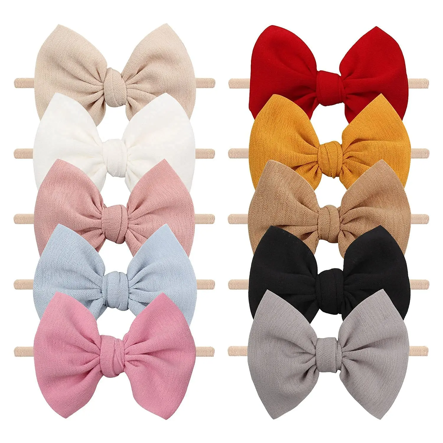 10-Piece Baby Girl Headbands with Handcrafted 4.5-Inch Tied Bows, Soft Stretch Nylon in Violet & Mint Green for Newborns, Infants & Toddlers, Light Blue, One Size Fits All