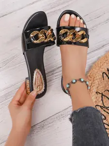 Metallic Chain Slide Sandals, Chunky Cuban Link Design, Rhinestone Low Heel, Perfect for Party & Street Style