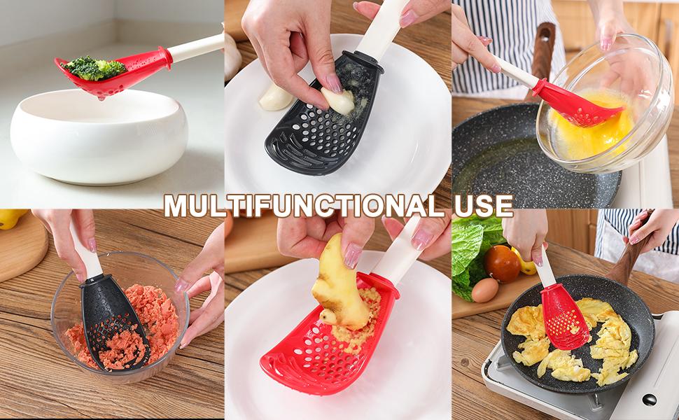 2PCS Multifunctional Kitchen Cooking Spoon, Skimmer Scoop Food Strainers for Cooking, Mashing, Draining, Grating, Non-stick Small Spatula Spoon Kitchen Tools (Black and Red)