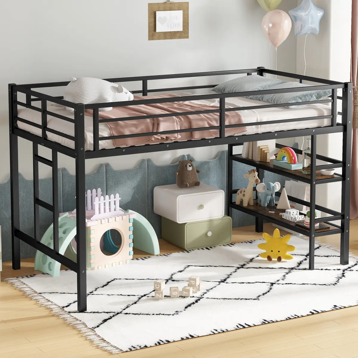 [Bellemave] Twin Size Metal Loft Bed with Storage Shelf, Easy Climbing Ladder and Guardrails for Boys Girls, Black