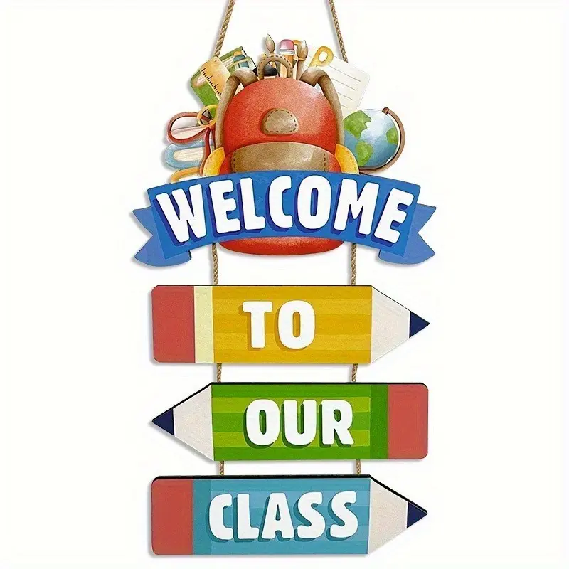 4-Piece Bohemian Style Artificial Wooden Classroom Wall Decor Set, Back to School Hanging Decorations with Welcome Sign, Pencil and School Icons, Bright Colors, No Power Needed for Teachers, Home Education and Office Decoration