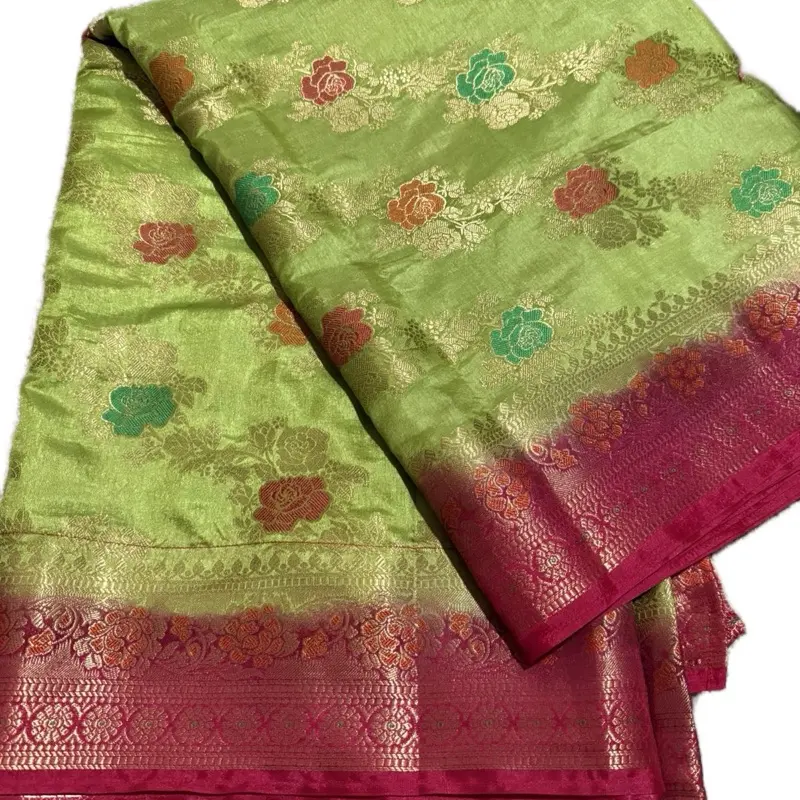 Dola Silk - Green and Pink Fabric with Floral Patterns and Red Border Design