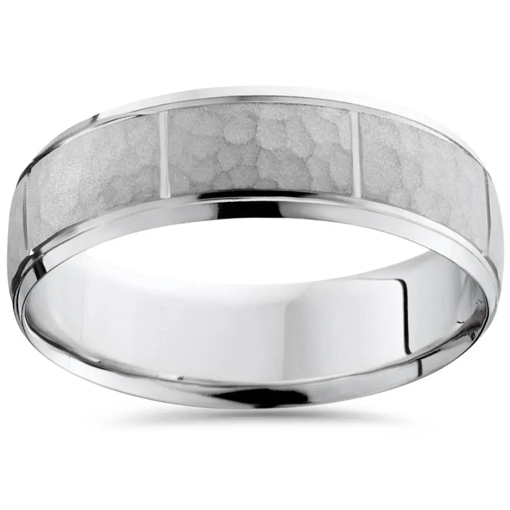 Hammered Mens 7mm Wedding Band 10K White Gold Hammered Mens 7mm Wedding Band 10K White Gold