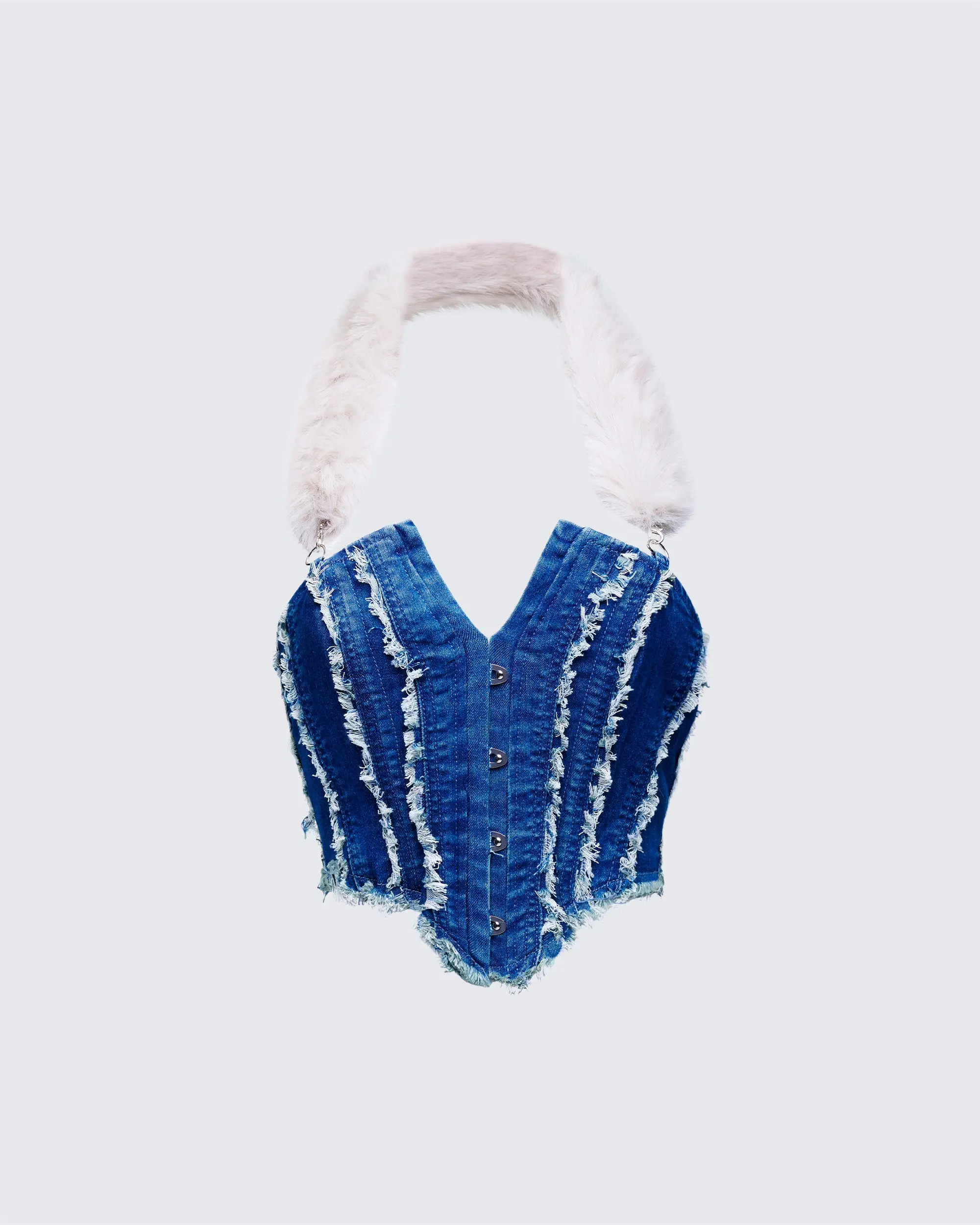 Women's Fitted Denim Corset Tank Top - Distressed Acid Wash, Pink Fur Halter Straps, Button-Front, Raw Frayed Edges, Cotton Spandex Blend
