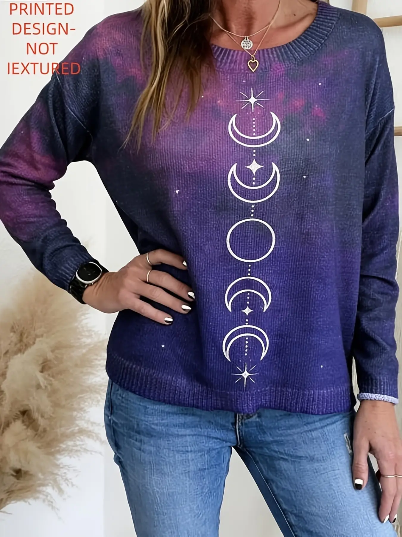 Women's Vintage Bohemian Style Long Sleeve Sweater, Printed Knitted Pullover, Textured Casual Daily Wear, Fashionable Women's Clothing