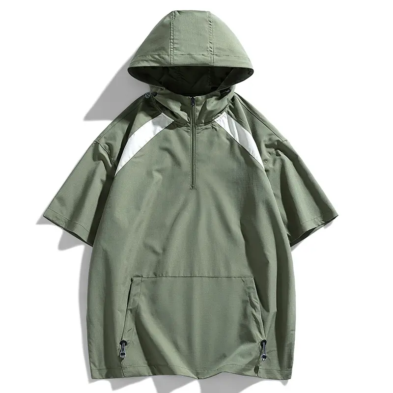Men's Streetwear Hooded T-Shirt, Color-Block Half-Zip Henley Top, Sporty Chic Loose-Fit Tee with Quick-Dry Fabric