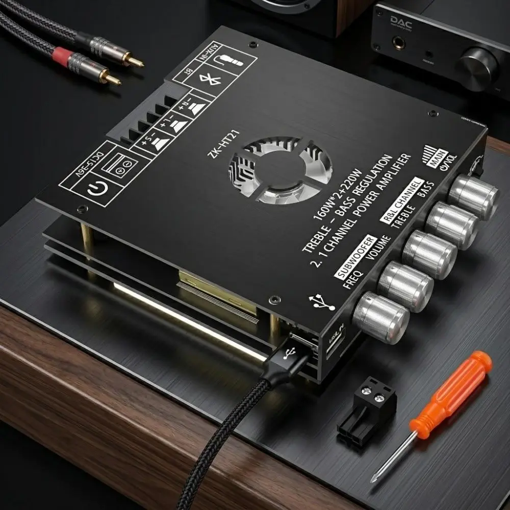 TDA7498E Bluetooth 5.0 Amplifier Module 2.1 Channel 380W HiFi Audio: 160W Stereo + 220W Subwoofer, AUX/USB Input, Bass/Treble Knob Control, DC 15-36V for Home Car DIY Speaker Upgrade, High Power Low Distortion, Amplifier Sound System