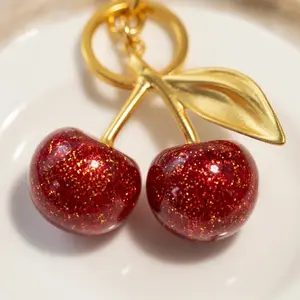 Glitter Red Cherry Keychain, Cute Sparkly Cherry Bag Charm for Women & Girls