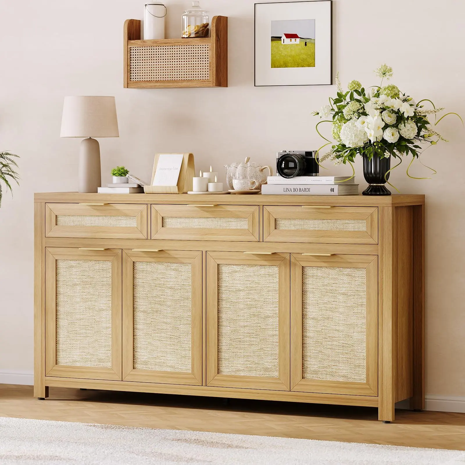 Rustic Farmhouse Sideboard Buffet Cabinet (63"w x 15"d) - Woven Rattan-Style Panels Credenza Coffee Bar with 3 Drawers, 4 Doors, Adjustable Shelves, 200 lb Capacity, Multi-Box Ship, Assembly Required for Dining Room, Kitchen, Farmhouse Look, 63 Inch Desk,