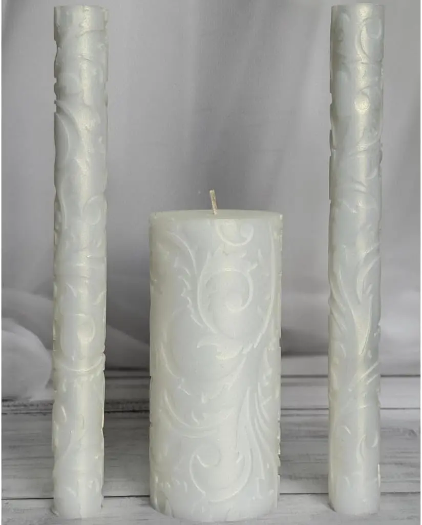 Ivory Baroque Unity Candle Set for Wedding Ceremony & Reception, Embossed White Handmade Wedding Candles, Unscented 6" Pillar & 2 Taper 10" Marriage Candle Set, European Quality