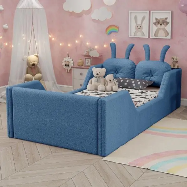 Bellemave Twin Size Upholstered Platform Bed with Rabbit Cushion Kids Floor Bed Solid Wood Frame Sturdy Wooden Legs Removable Side Rails Assembled Bellemave Twin Size Upholstered Platform Bed with Rabbit Cushion Kids Floor Bed Solid Wood Frame Sturdy Wooden Legs Removable Side Rails Assembled