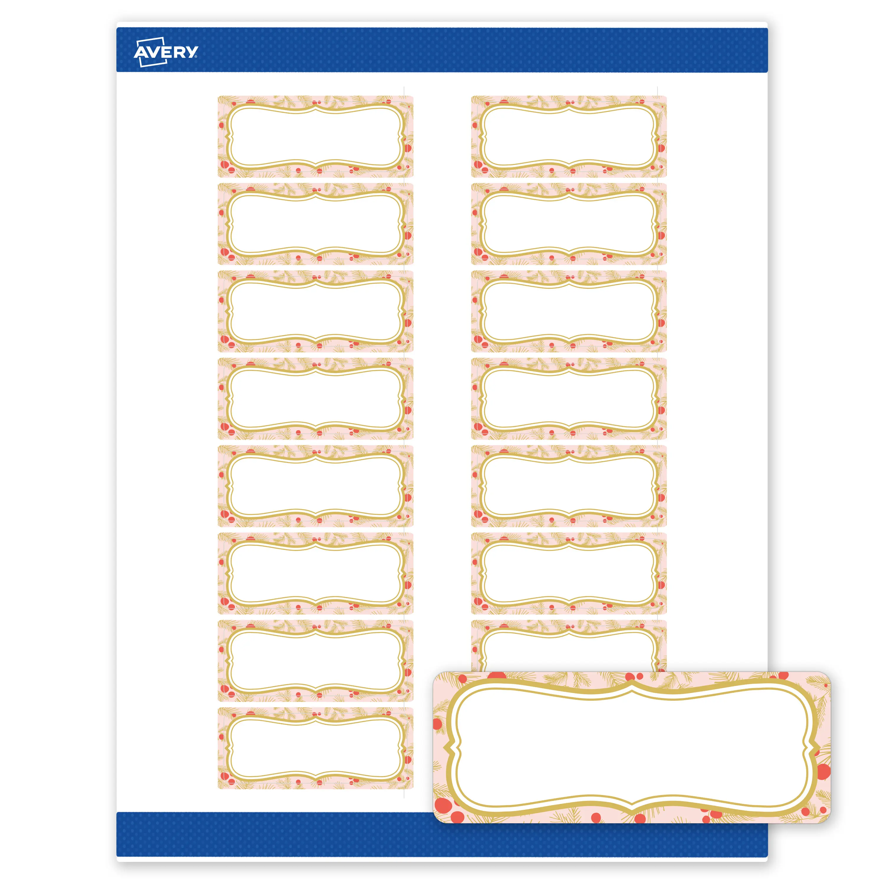 Avery® Printable Christmas Address Labels with Sure Feed® Technology, Rectangle, 1" x 2-5/8", Pre-Printed Pink & Metallic Gold Border with Holly Design, Matte White, Laser & Inkjet Compatible, 160 Total, Gold Flourished Frame, Holiday Labels
