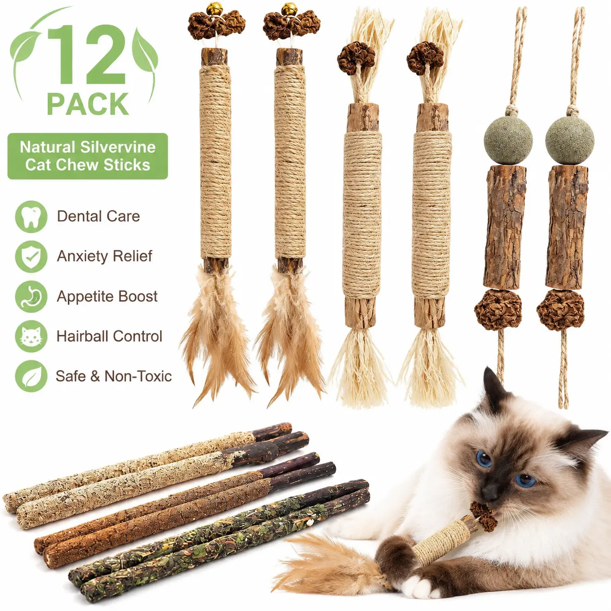 12-Pack Natural Silvervine Cat Chew Sticks - Natural Fiber Rough Bark Dental Care Toys for Indoor Play, Teeth Cleaning, Non-Toxic Safe for Kittens & Cats