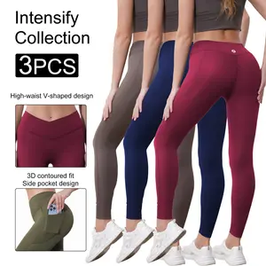 Women's 3PCS V-Waist Yoga Leggings with Pockets, Soft Stretch High-Waist Tummy Control Pants for Workout, Gym Fitness Clothes Gym Exercise Activewear