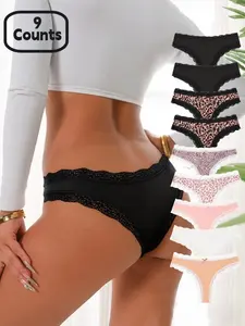 Women's Leopard Print Bow Design Thong Panties, High Cut Panty, Soft Breathable Underwear Set, Fashionable Plain & Animal Pattern Lingerie
