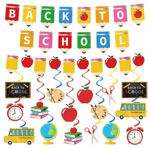 Back to School Decorations NO-DIY Reusable Back to School Banner with Hanging Swirls Pre-Assembled First Day of School Decorations for Party for Classroom Office Home