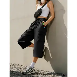 Women's Cargo Capri Pants with Adjustable Waist Drawstring, Flap Large Pockets, Solid Color, Versatile and Stylish — Suitable for Daily Casual Wear and Outdoor Street Style.