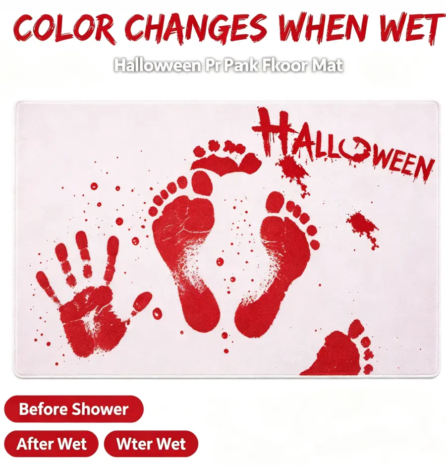 Halloween Prank Bath Mat, Color Changing When Wet, Spooky Blood Handprint Footprint Bathroom Floor Mat for Halloween Party Decoration