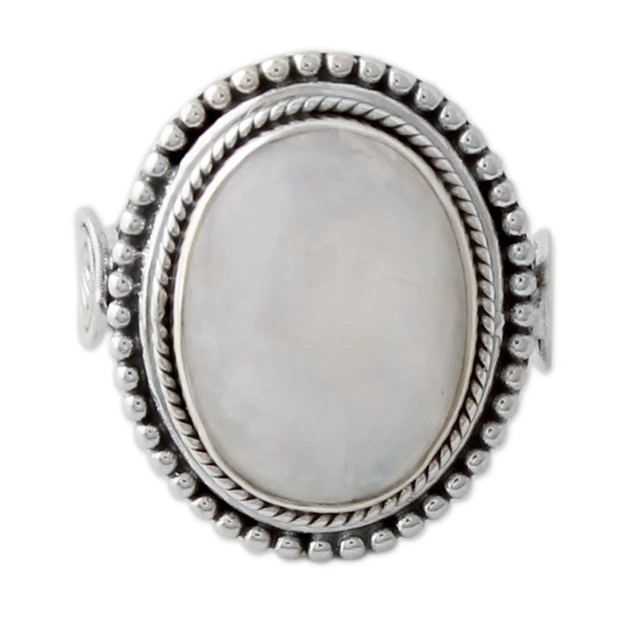 NOVICA Artisan Handmade Rainbow Moonstone Cocktail Ring India .925 Sterling Silver with White Clear 'Rainbow Glow'
