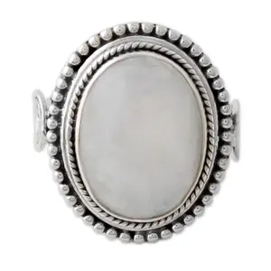NOVICA Artisan Handmade Rainbow Moonstone Cocktail Ring India .925 Sterling Silver with White Clear 'Rainbow Glow'