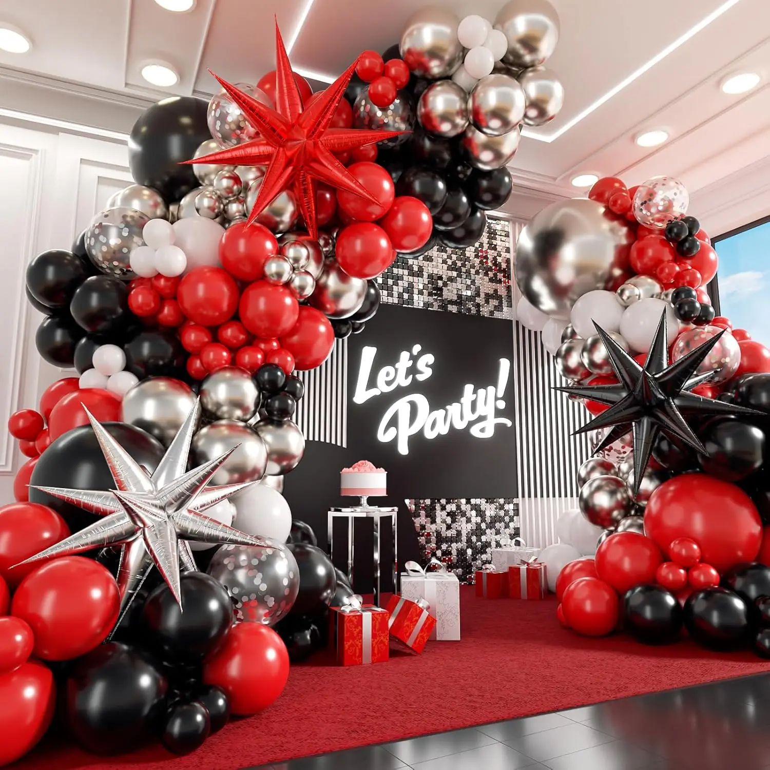 Red, White, and Black Balloon Garland Kit with Silver Confetti Balloons for Party Decor