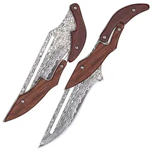 Damascus Pattern Folding Pocket Tool – Natural Wood Handle, Compact & Lightweight Design, Smooth & Reliable for Everyday Use, Outdoor & Kitchen Tasks, Unique Gift Idea